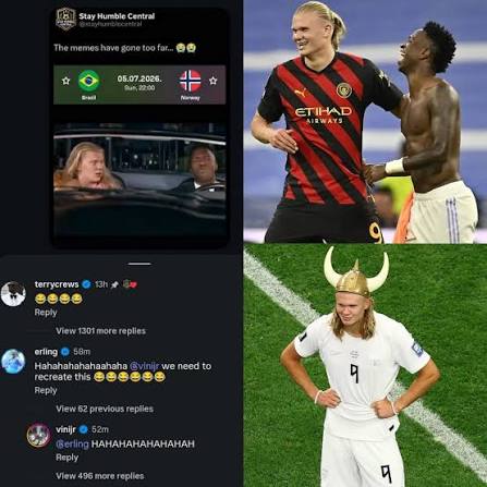 Haaland chama Vini Jr. para recriar meme de “As Branquelas” antes de Brasil x Noruega
